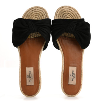 VALENTINO GARAVANI Suede Tropical Bow Espadrille Flat Slide Sandals 37.5 Black