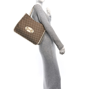 GUCCI Monogram New Sakai Calfskin Lux Horsebit 1955 Tote Beige Ebony Mystic White