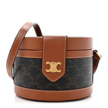 CELINE Calfskin Triomphe Canvas Medium Tambour Bag Tan