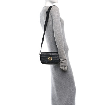 VERSACE Calfskin Crocodile Embossed Medusa Crossbody Bag Black