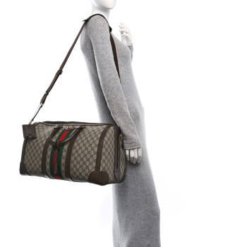 GUCCI GG Supreme Monogram Textured Dollar Calfskin Web Medium Savoy Duffle Bag Beige Ebony New Acero