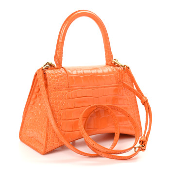 BALENCIAGA Shiny Calfskin Crocodile Embossed Small Hourglass Top Handle Bag Orange
