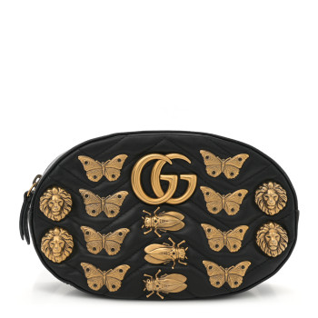 GUCCI Calfskin Matelasse Animal Studs GG Marmont Belt Bag 85 34 Black