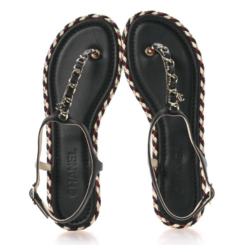 CHANEL Grosgrain Chain Thong Sandals 40 Black Multicolor