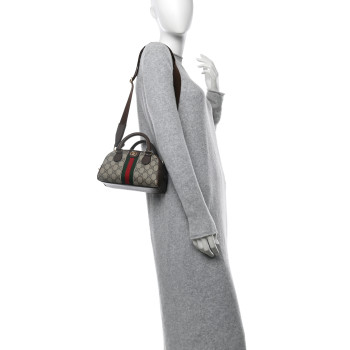 GUCCI GG Supreme Monogram Textured Dollar Calfskin Web Mini Ophidia Top Handle Bowler Bag Beige Ebony New Acero