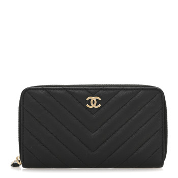 CHANEL Caviar Chevron Quilted Medium Zip Around Wallet Black