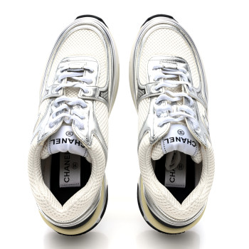 CHANEL Fabric Laminated Calfskin Stretch CC Womens Sneakers 38.5 White Silver