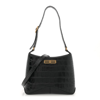 BALENCIAGA Shiny Super Supple Calfskin Crocodile Embossed Small XX Bag Black