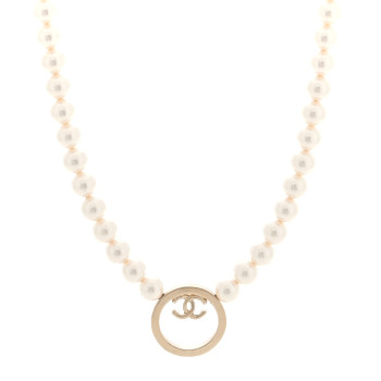 CHANEL Pearl CC Round Long Necklace Gold White