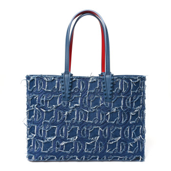 CHRISTIAN LOUBOUTIN Denim Embroidered Spikes East West Cabata Tote Blue