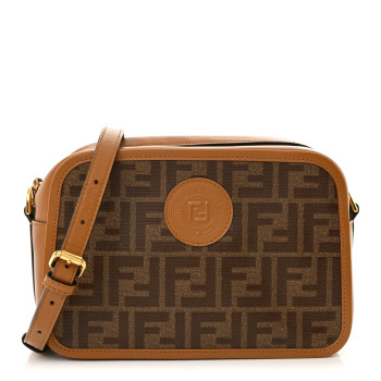 FENDI Glazed Fabric Vitello Century FF 1974 Stamp Patch Camera Case Mogano Panna Caramello