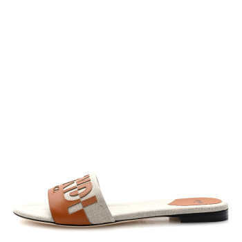 FENDI Vitello Canvas Signature Flat Slide Sandals 40 Cuoio Grezzo