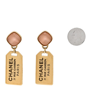 CHANEL CC Tags Drop Earrings Gold Pink