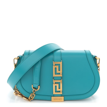 VERSACE Calfskin Medium Greca Goddess Shoulder Bag Blue
