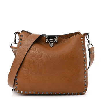 VALENTINO GARAVANI Pebbled Calfskin Small Rockstud Flip-Lock Messenger Bag Light Cuir
