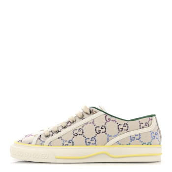 GUCCI Canvas Lame Crystal GG Monogram Womens 1977 Tennis Sneakers 37.5 Gardenia Silver Mystic White