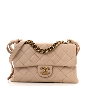CHANEL Shiny Sheepskin Quilted Small Trapezio Flap Beige