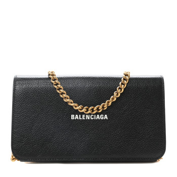 BALENCIAGA Grained Calfskin Logo Cash Phone Holder Wallet On Chain Black White