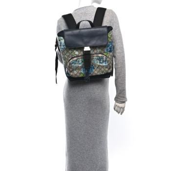 GUCCI GG Supreme Monogram Blooms Medium Single Buckle Backpack Beige Blue Navy