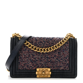 CHANEL Tweed Denim Medium Boy Flap Navy Blue