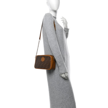 FENDI Glazed Fabric Vitello Century FF 1974 Stamp Patch Camera Case Mogano Panna Caramello