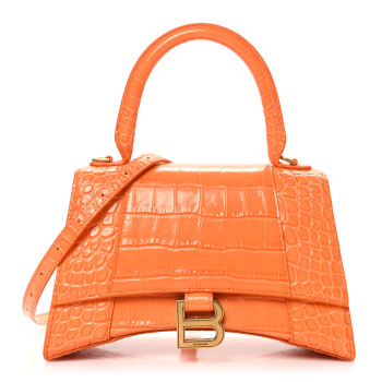 BALENCIAGA Shiny Calfskin Crocodile Embossed Small Hourglass Top Handle Bag Orange