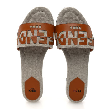 FENDI Vitello Canvas Signature Flat Slide Sandals 40 Cuoio Grezzo