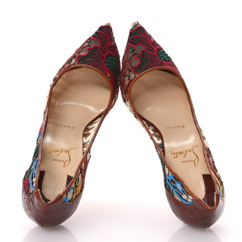 CHRISTIAN LOUBOUTIN Lace Calfskin Crocodile Embossed Follies 100 Pumps 37.5 Cuoio Multicolor