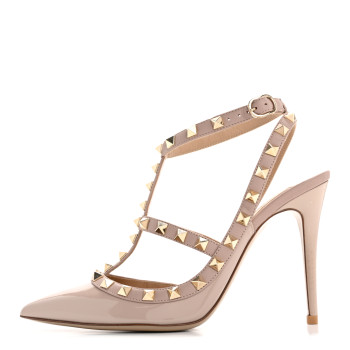 VALENTINO GARAVANI Patent Nappa Rockstud Ankle Strap 100mm Pumps 37.5 Poudre
