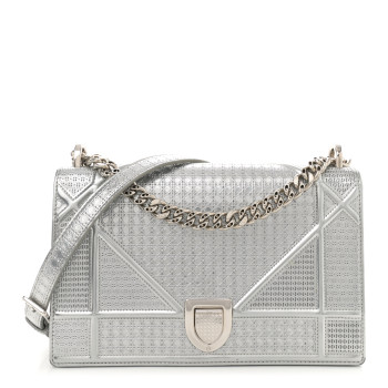 CHRISTIAN DIOR Metallic Patent Micro-Cannage Medium Diorama Flap Bag Silver