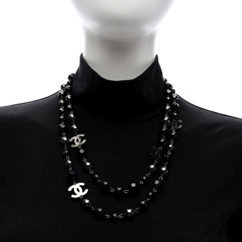 CHANEL Ruthenium Beaded CC Long Necklace Black