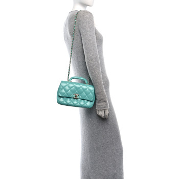 CHANEL Shiny Lambskin Quilted Coco Trip Flap Bag Turquoise