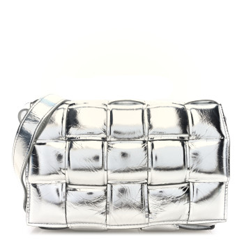 BOTTEGA VENETA Metallic Lambskin Padded Cassette Crossbody Bag Silver