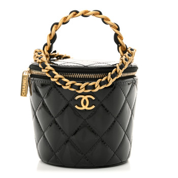 CHANEL Patent Quilted Afternoon Tea Top Handle Vanity Case With Chain Black