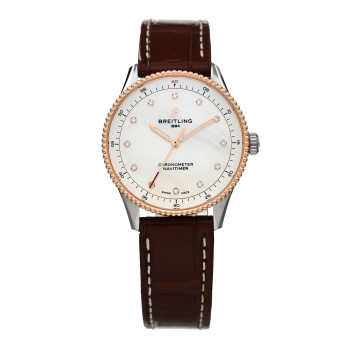 BREITLING Stainless Steel 18K Rose Gold Alligator Diamond Mother of Pearl 32mm Navitimer Quartz Watch U77320