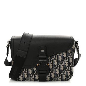 CHRISTIAN DIOR Oblique Jacquard Grained Calfskin Small Saddle Messenger Bag Beige Black