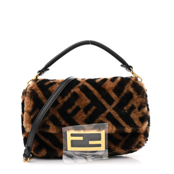 FENDI Shearling Vitello Dolce Macro FF 1974 Mini Baguette Tobacco Black