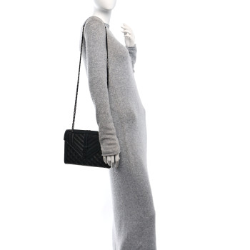 SAINT LAURENT Grain De Poudre Textured Mixed Matelasse Triquilt Medium Monogram Monochrome Satchel Black