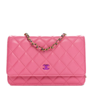 CHANEL Lambskin Quilted Wallet On Chain WOC Pink Yellow