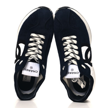 CHANEL Fabric Suede Kidskin CC Sneakers 41 Dark Navy White