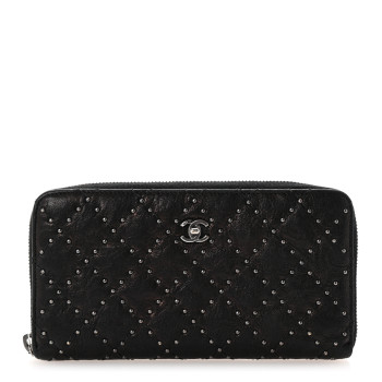 CHANEL Crumpled Lambskin Studded Paris Dallas Zip Around Wallet Black