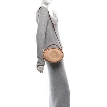 SAINT LAURENT Raffia Calfskin Round Camera Bag Golden Ecru Brick