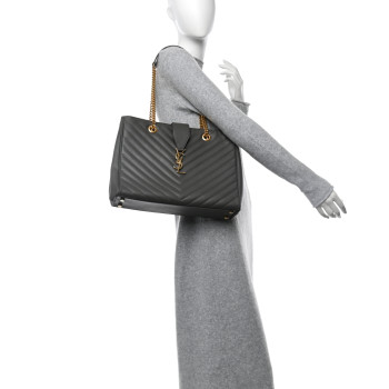 SAINT LAURENT Grain De Poudre Matelasse Chevron Monogram Shopping Bag Fog