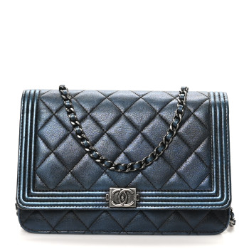 CHANEL Calfskin Quilted Boy Wallet On Chain WOC Navy Blue