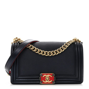 CHANEL Lambskin Embossed Medium Boy Cube Flap Navy