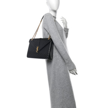 SAINT LAURENT Grain De Poudre Matelasse Chevron Large Monogram Satchel Black