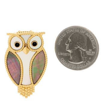 VAN CLEEF & ARPELS 18K Yellow Gold Grey White Mother of Pearl Black Onyx Lucky Animals Owl Brooch
