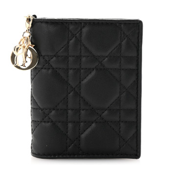 CHRISTIAN DIOR Lambskin Cannage Small Lady Dior Flap Card Holder Black