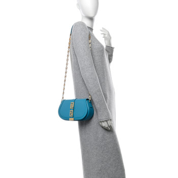 VERSACE Calfskin Medium Greca Goddess Shoulder Bag Blue