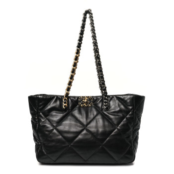CHANEL Lambskin Quilted Chanel 19 East West Shopping Bag Black
